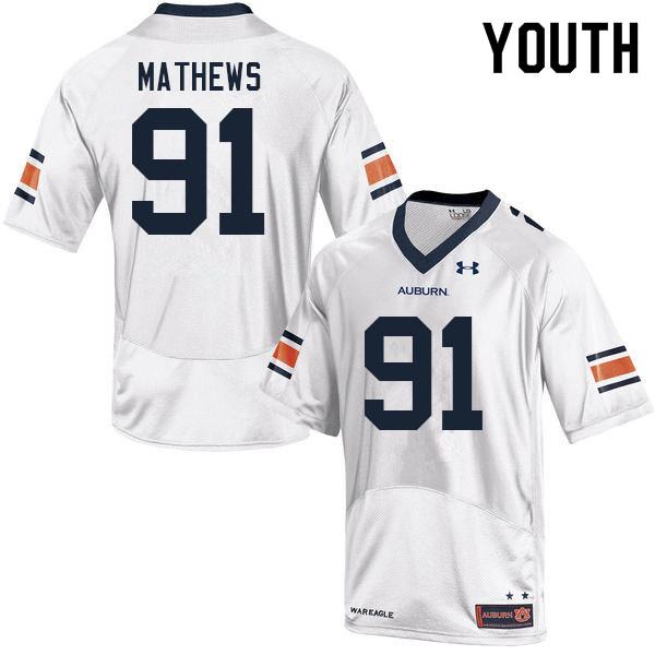 Auburn Tigers Youth Ian Mathews #91 White Under Armour Stitched College 2021 NCAA Authentic Football Jersey KWH2574QW